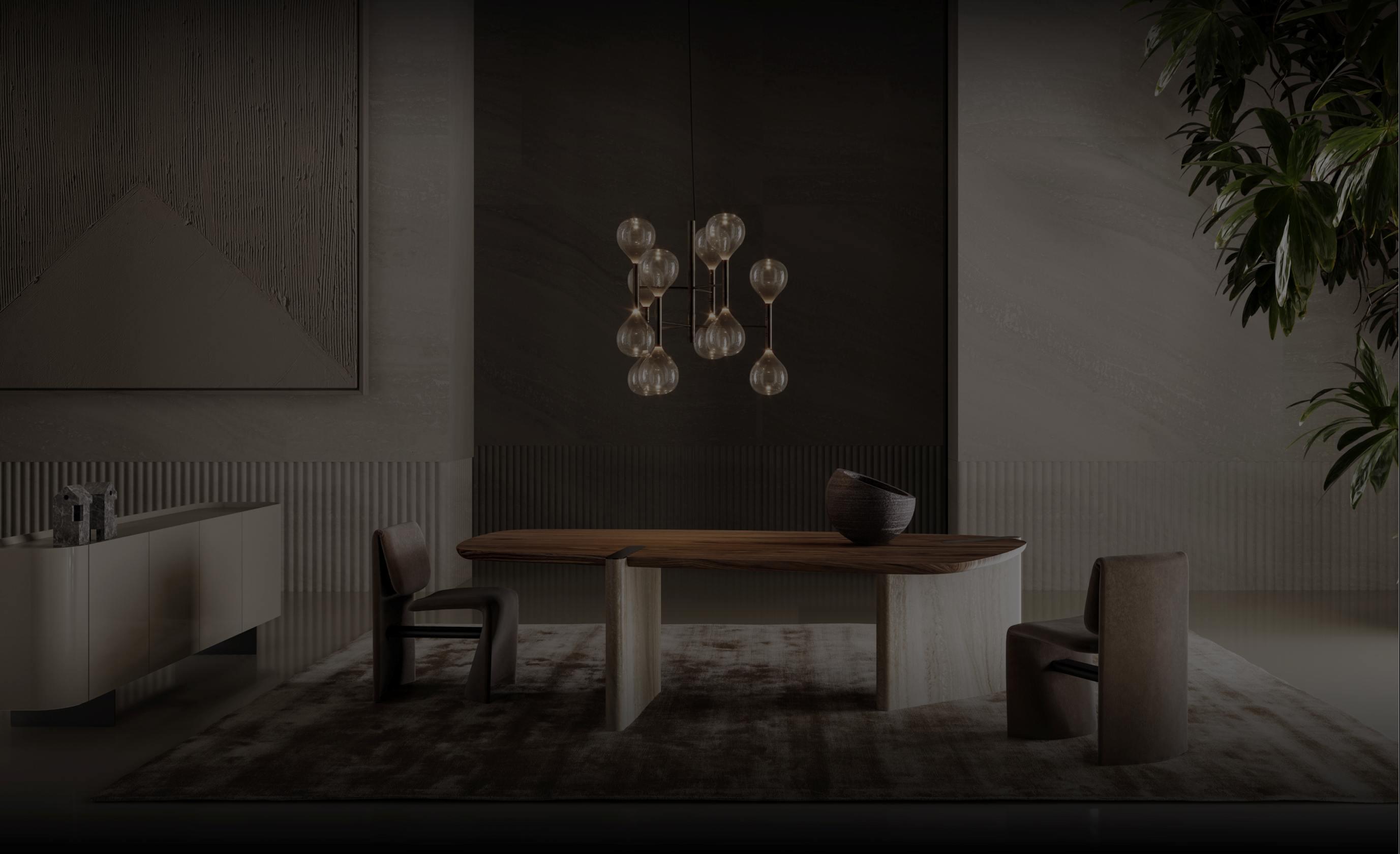 BONALDO sophisticated dining room with wooden table, cluster pendant lighting and contemporary design elements