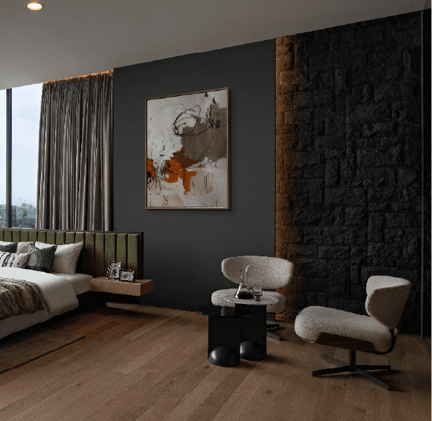 Modern bedroom with dark walls, abstract artwork, and contemporary furniture